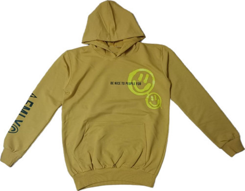 Erkek Çocuk Önü Arkası Kolu Emoji Smile Desenli Hardal Renk Kanguru Cepli Kapüşonlu Sweatshirt