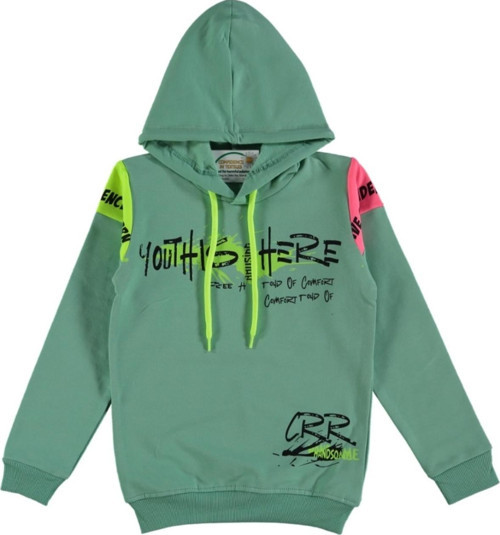 Kız Çocuk Youth Önü Omuzları Yazı Desenli Yeşil Renk Kapüşonlu Sweatshirt