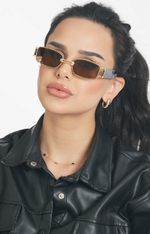 Kadın Güneş Gözlüğü Dikdörtgen Gold Leopar Çerçeve Kahverengi Piercingli Cam