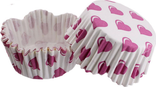 Cupcake Kalıbı Pet Kapsül Dalgalı Kek Kalıbı 65X38 MM (100 Adet) Beyaza Fuşya Kalpli