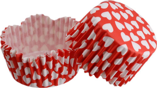 Cupcake Kalıbı Pet Kapsül Kırmızıya Beyaz Kalp Desenli Dalgalı Kek Kalıbı 65X38 MM (100 Adet)