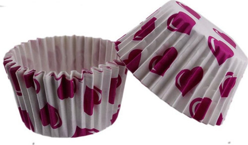 Kek Kalıbı Pet Kapsül 52X45 MM Kağıt Cupcake Kağıdı (100 Adet) Beyaza Fuşya Kalpli