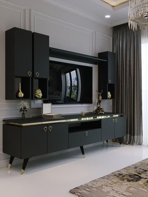 Modern Tv Sehpası Gold Üçgen Kulp Kepli G9024-4 Antrasit 35 Cm Derinlik