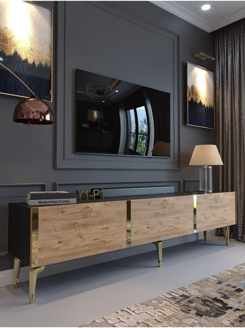 Festival Tv Sehpası G3817-4-6-Y1-P1 Ant. Çam Gold Metal Kulp