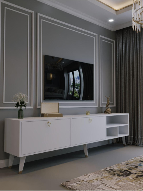 Festival Tv Ünitesi G6501-1 Beyaz Parlak Gold Detaylı Minifiks Bağlantı Tv Sehpası