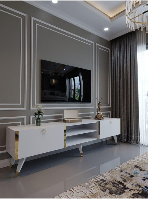 Festival Tv Ünitesi G3030-1 Beyaz Parlak Gold Detaylı Minifiks Bağlantı Tv Sehpası