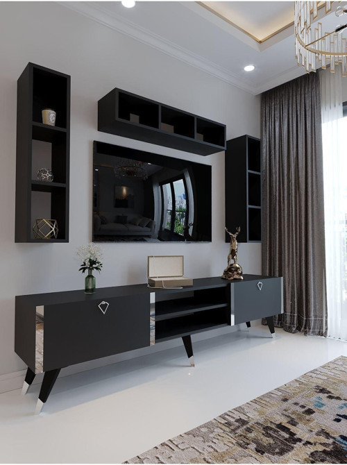 Festival Tv Ünitesi G3006-4 Antrasit - Silver Detaylı Minifiks Bağlantı Tv Sehpası Ve Duvar Rafı