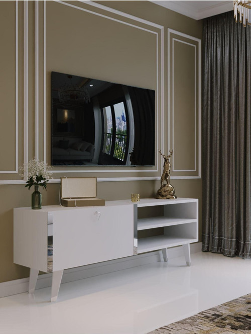 Festival Tv Sehpası S6304-1 Beyaz Parlak Silver Detaylı Minifiks Bağlantı Tv Ünitesi