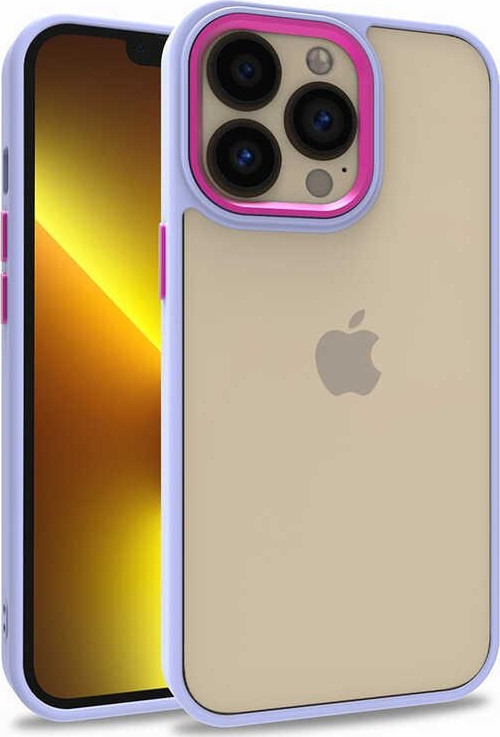 Apple iPhone 13 Pro Kapak Metal Kamera Korumalı Arkası Şeffaf Silikon Kılıf - Lila