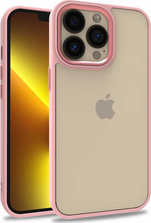 Apple iPhone 13 Pro Kapak Metal Kamera Korumalı Arkası Şeffaf Silikon Kılıf - Rose Gold