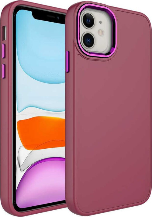 Apple iPhone 11 Kapak Renkli Metal Kamera Çerçeveli Class İçi Kadife Lasnman Kılıf - Bordo