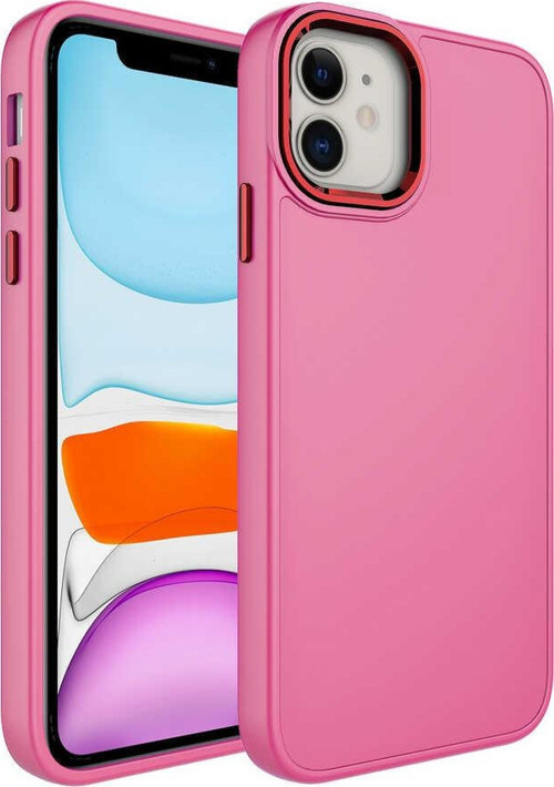 Apple iPhone 11 Kapak Renkli Metal Kamera Çerçeveli Class İçi Kadife Lasnman Kılıf - Pembe