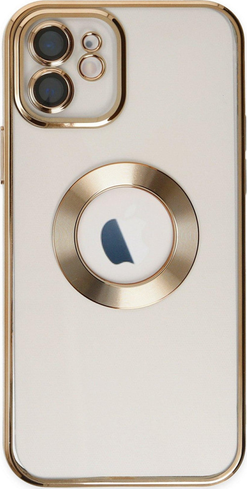 Apple iPhone 11 Kapak Yanları Renkli Lens Korumalı Logo Gösteren Şeffaf Luxury Kılıf - Gold