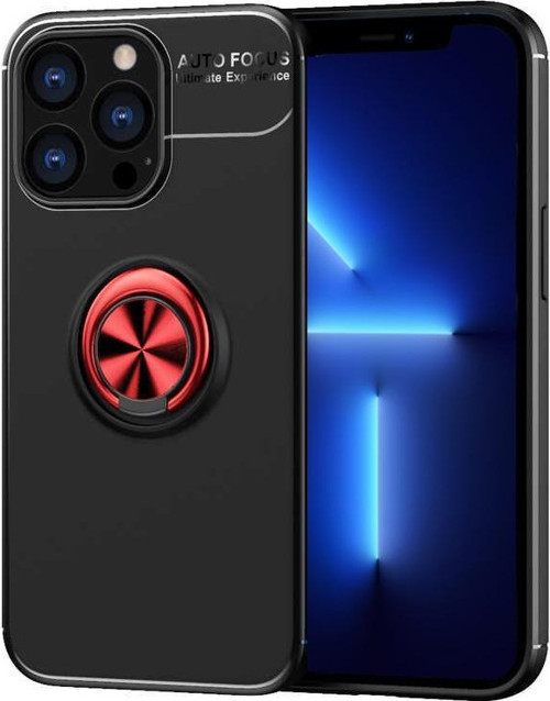 Apple iPhone 13 Pro Kılıf Renkli Yüzüklü Manyetik Silikon Kapak Siyah - Kırmızı