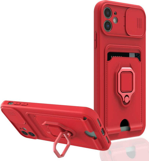 Apple iPhone 11 Kılıf Lens Sürgülü Yüzüklü Manyetik Kartvizitli Silikon Kapak - Kırmızı