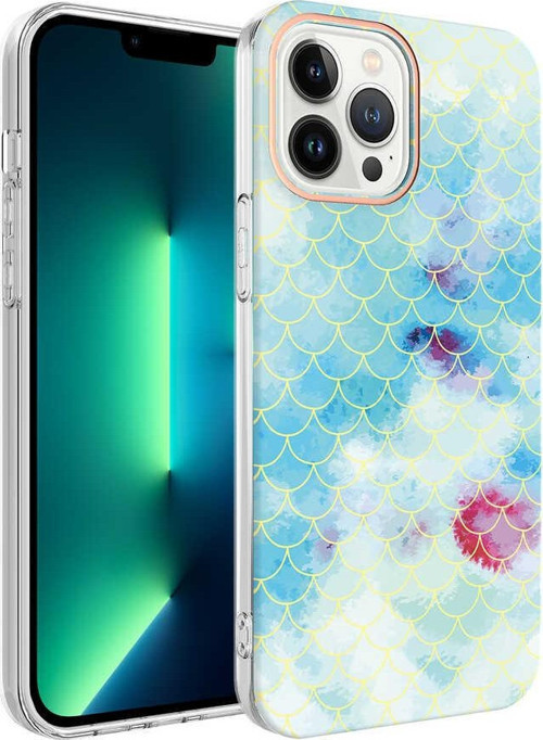 Apple iPhone 13 Pro Max Kapak Palık Pullu Desenli Parlak Silikon Kılıf - Mavi