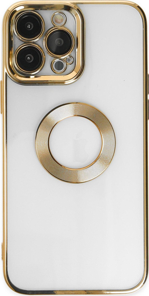 Apple iPhone 13 Pro Max Kapak Yanları Renkli Lens Korumalı Logo Gösteren Şeffaf Luxury Kılıf - Gold