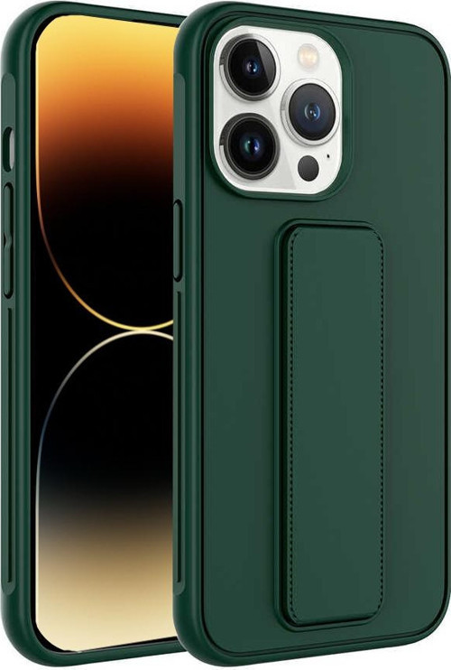 Apple iPhone 14 Pro Kapak Standlı El Tutacaklı Silikon Kılıf - Koyu Yeşil