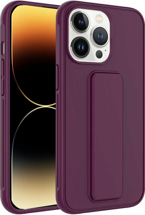 Apple iPhone 14 Pro Kapak Standlı El Tutacaklı Silikon Kılıf - Mürdüm