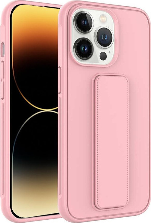 Apple iPhone 14 Pro Kapak Standlı El Tutacaklı Silikon Kılıf - Pembe