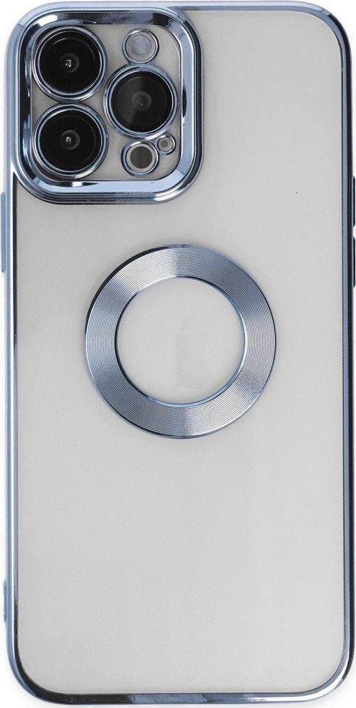 Apple iPhone 14 Pro Kapak Yanları Renkli Lens Korumalı Logo Gösteren Şeffaf Luxury Kılıf - Açık Mavi