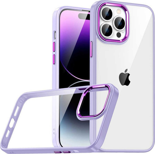 Apple iPhone 14 Pro Max Kapak Metal Kamera Korumalı Arkası Şeffaf Silikon Kılıf - Lila