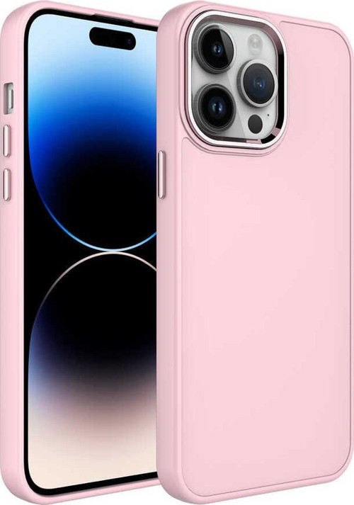 Apple iPhone 14 Pro Max Kapak Renkli Metal Kamera Çerçeveli Class İçi Kadife Lasnman Kılıf - Pembe