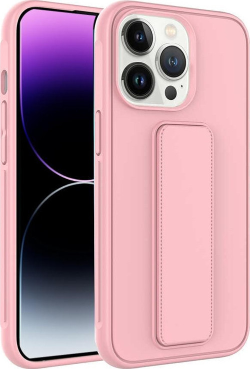 Apple iPhone 14 Pro Max Kapak Standlı El Tutacaklı Silikon Kılıf - Pembe