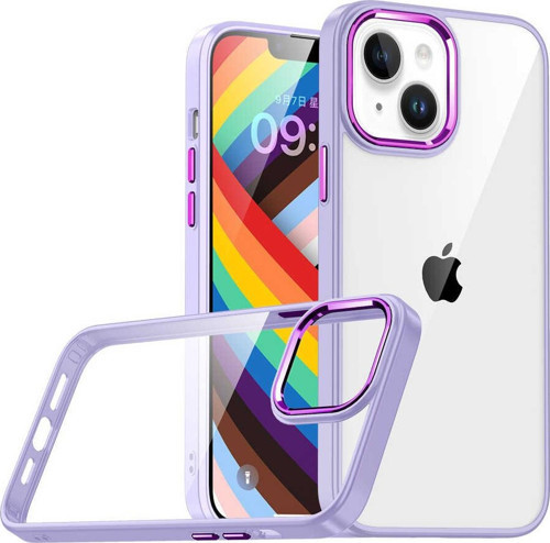 Apple iPhone 14 Kapak Metal Kamera Korumalı Arkası Şeffaf Silikon Kılıf - Lila