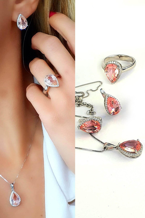 sky Diamond Pink Morganit Taşlı 925ayar Gümüş Lüks Damla Set Takım yüzük