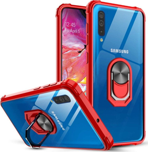 Samsung Galaxy A70 Kapak Şeffaf Yüzüklü Kenar Korumalı Standlı Kılıf - Kırmızı