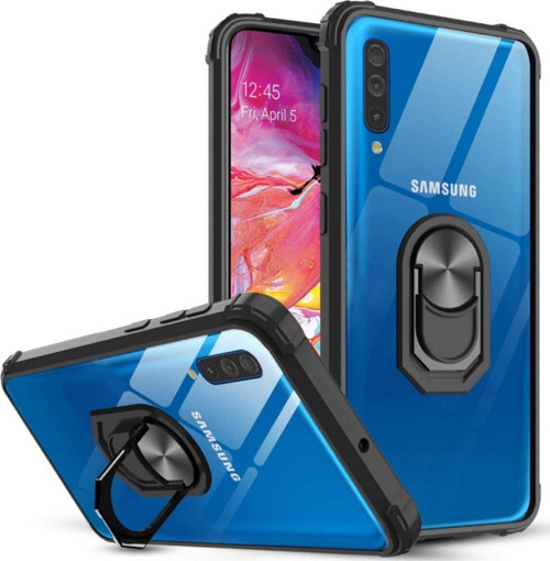 Samsung Galaxy A70 Kapak Şeffaf Yüzüklü Kenar Korumalı Standlı Kılıf - Siyah