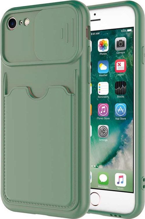 Apple iPhone 8 Kapak Lensi Açılır Kapanır Kamera Korumalı Kartvizitli Silikon Kılıf - Açık Yeşil