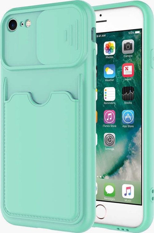Apple iPhone 8 Kapak Lensi Açılır Kapanır Kamera Korumalı Kartvizitli Silikon Kılıf - Turkuaz