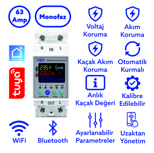 Kaçak Akım Koruma Rölesi Ve Yüksek Voltaj Ve Akım Koruyucu Röle 63A Wifi Özellikli Devrim