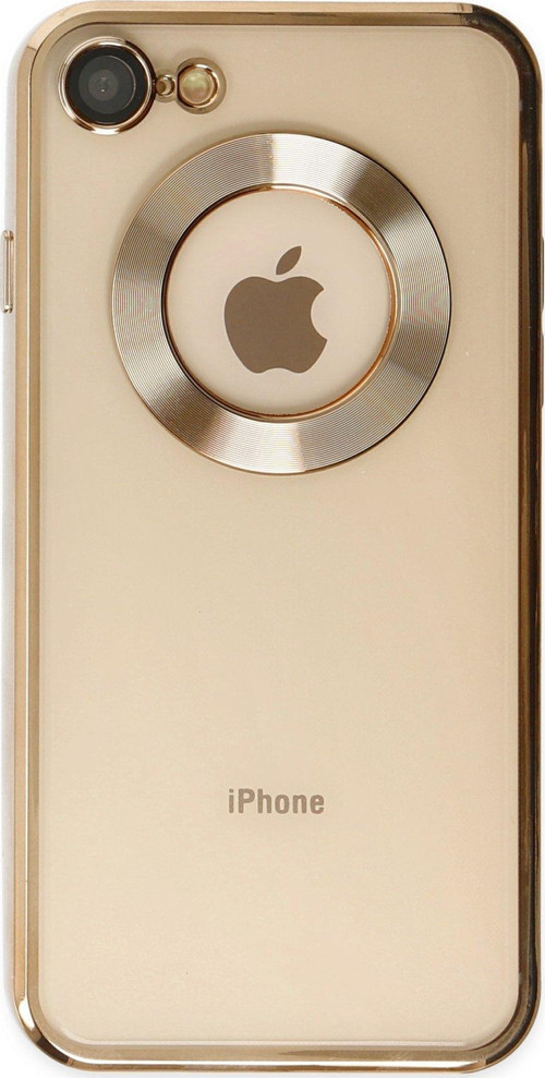 Apple iPhone 8 Kapak Yanları Renkli Lens Korumalı Logo Gösteren Şeffaf Luxury Kılıf - Gold