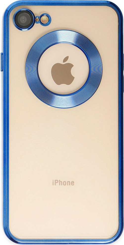 Apple iPhone 8 Kapak Yanları Renkli Lens Korumalı Logo Gösteren Şeffaf Luxury Kılıf - Mavi