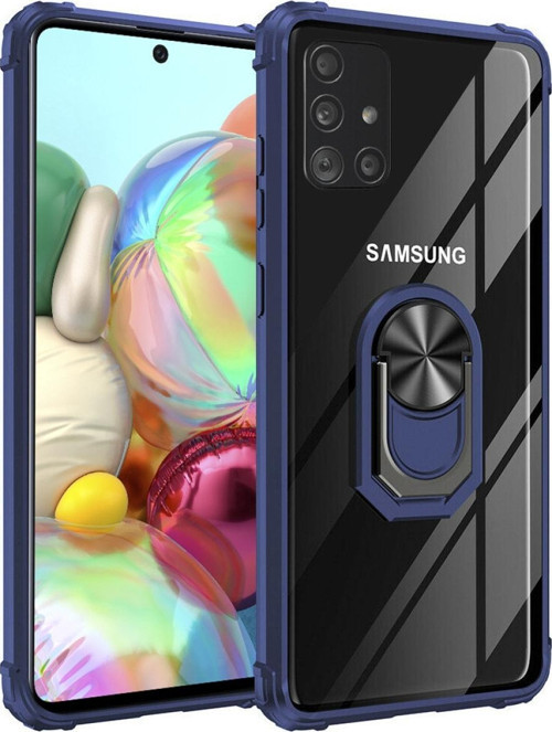 Samsung Galaxy A71 Kapak Şeffaf Yüzüklü Kenar Korumalı Standlı Kılıf - Lacivert
