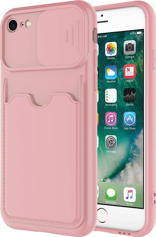 Apple iPhone 7 Kapak Lensi Açılır Kapanır Kamera Korumalı Kartvizitli Silikon Kılıf - Pudra