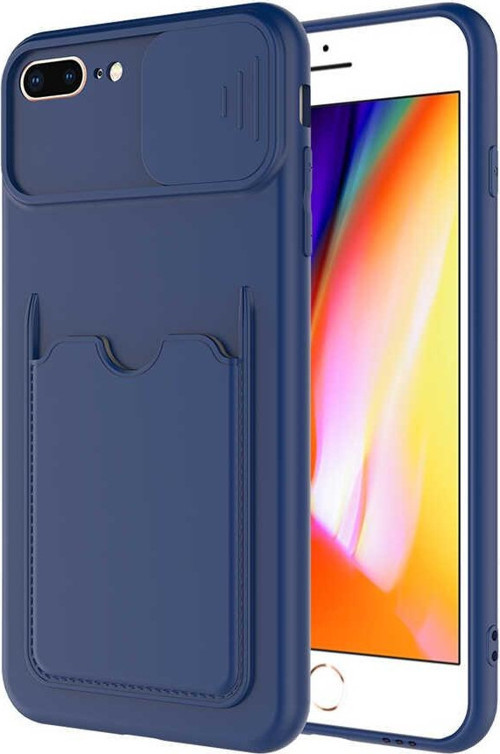 Apple iPhone 8 Plus Kapak Lensi Açılır Kapanır Kamera Korumalı Kartvizitli Silikon Kılıf - Lacivert