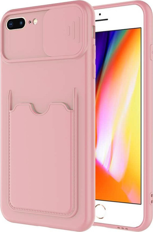 Apple iPhone 8 Plus Kapak Lensi Açılır Kapanır Kamera Korumalı Kartvizitli Silikon Kılıf - Pudra
