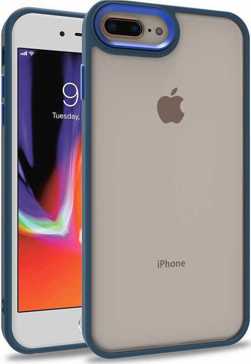 Apple iPhone 8 Plus Kapak Metal Kamera Korumalı Arkası Şeffaf Silikon Kılıf - Mavi