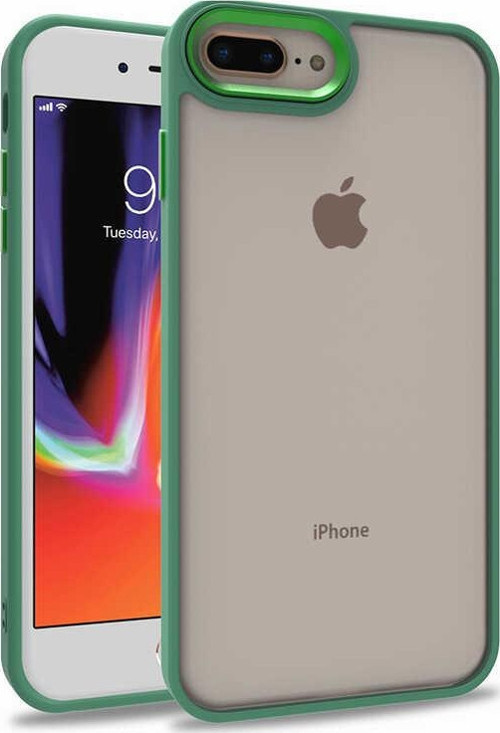 Apple iPhone 8 Plus Kapak Metal Kamera Korumalı Arkası Şeffaf Silikon Kılıf - Yeşil