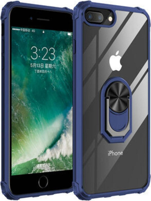 Apple iPhone 8 Plus Kapak Şeffaf Yüzüklü Kenar Korumalı Standlı Kılıf - Lacivert