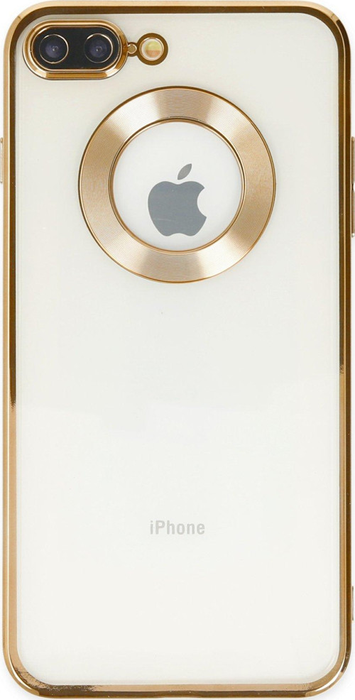 Apple iPhone 8 Plus Kapak Yanları Renkli Lens Korumalı Logo Gösteren Şeffaf Luxury Kılıf - Gold