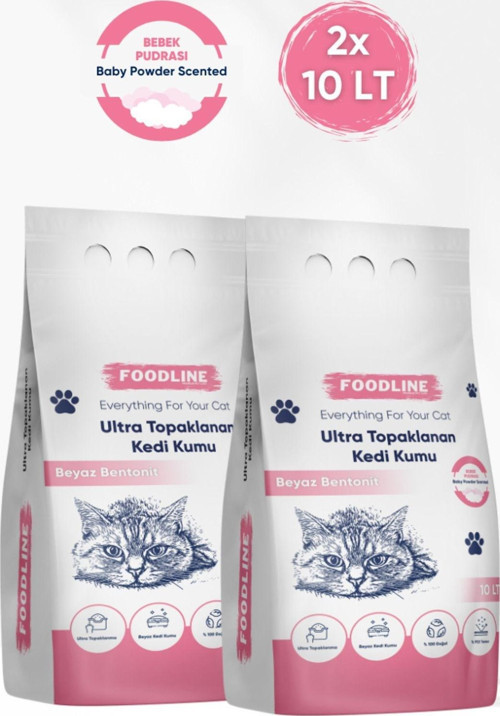 Bebek Pudrası Kokulu İnce Taneli Bentonit Topaklanan Kedi Kumu 10 Lt X 2 Adet