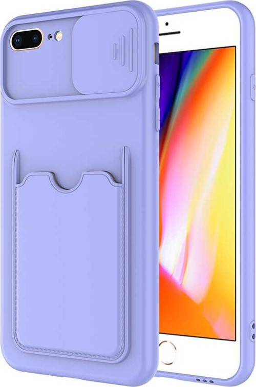 Apple iPhone 7 Plus Kapak Lensi Açılır Kapanır Kamera Korumalı Kartvizitli Silikon Kılıf - Lila