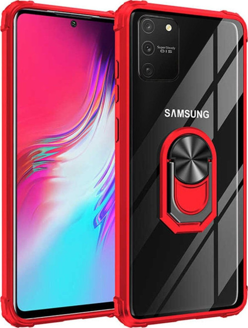 Samsung Galaxy A91 Kapak Şeffaf Yüzüklü Kenar Korumalı Standlı Kılıf - Kırmızı