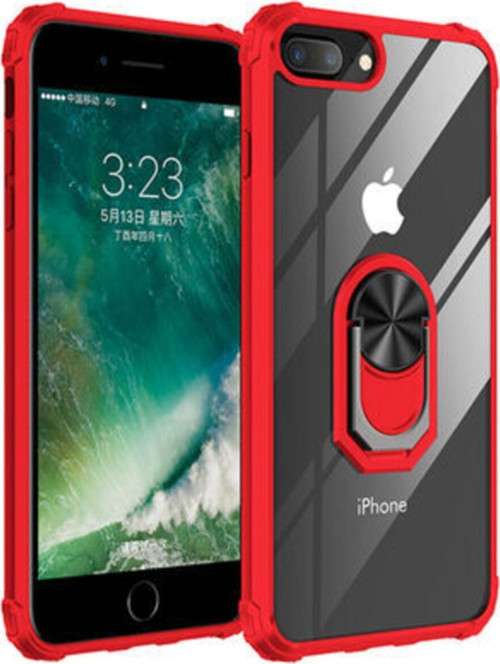 Apple iPhone 7 Plus Kapak Şeffaf Yüzüklü Kenar Korumalı Standlı Kılıf - Kırmızı