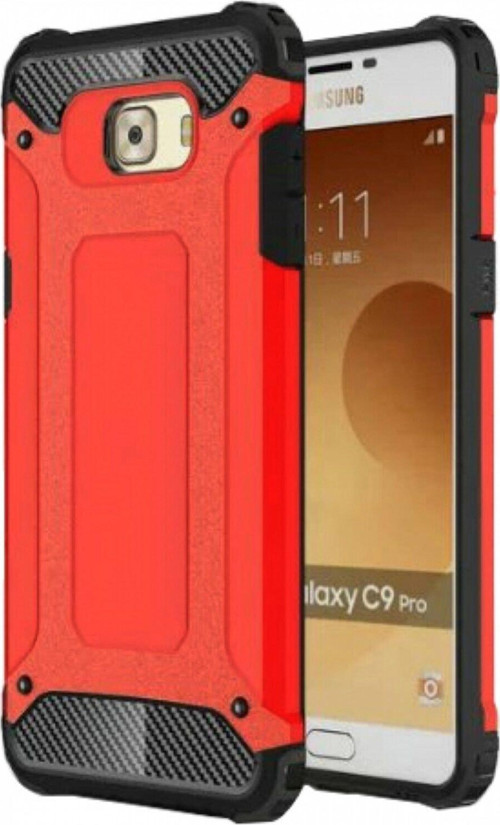 Samsung Galaxy C9 Pro Kapak Çift Katmanlı Zırh Tank Kılıf - Kırmızı